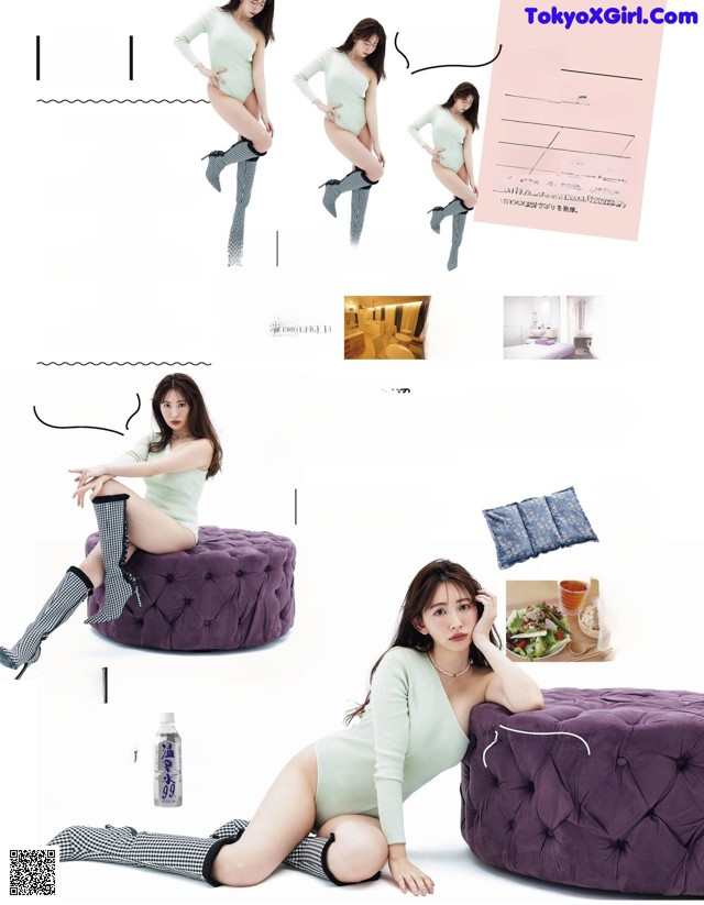 A magazine spread with a woman sitting on a purple ottoman.