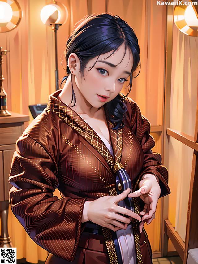 A woman in a brown kimono holding a gun.
