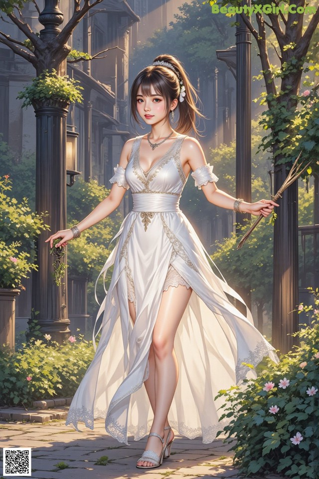 A woman in a white dress walking down a street.