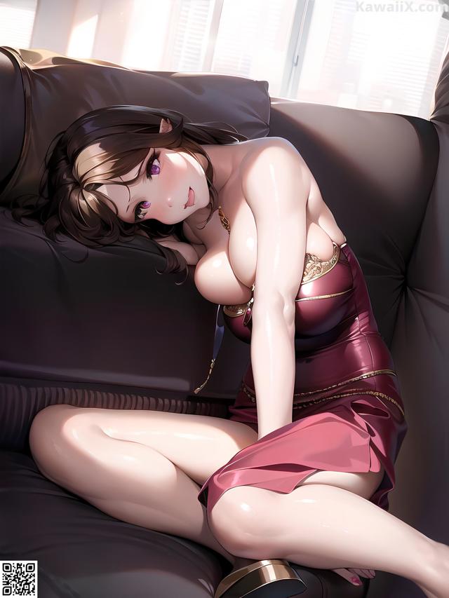 A woman in a red dress is sitting on a couch.