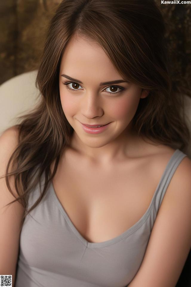 A beautiful young woman sitting on a white chair.
